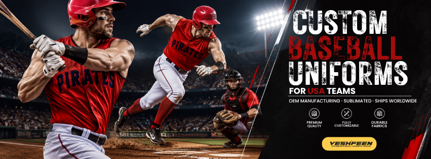 Custom baseball uniforms for USA teams by Yeshfeen International featuring premium sublimated jerseys for wholesale team apparel.