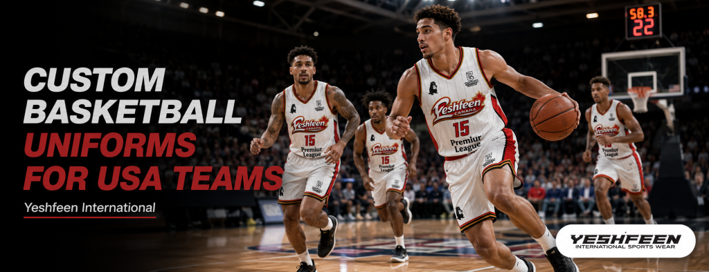 Custom basketball uniforms for USA teams by Yeshfeen International featuring premium sublimated jerseys, shorts, and team apparel for schools, clubs, leagues, and sports organizations.