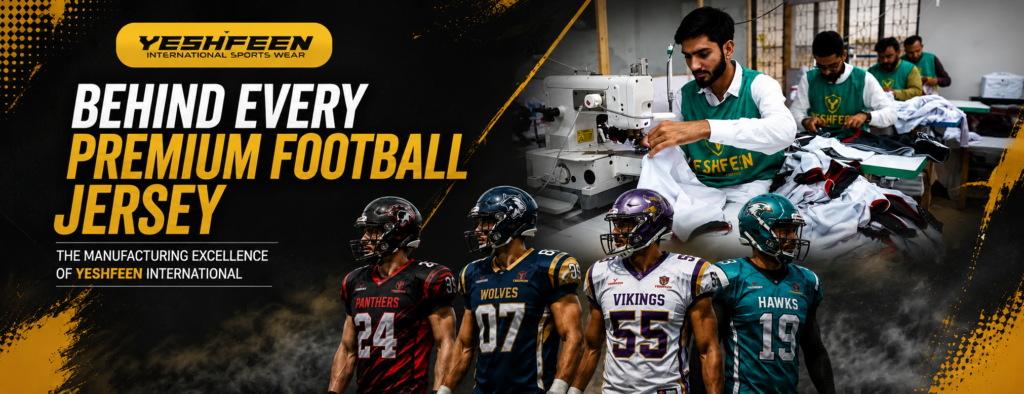 Factory workers manufacturing custom sublimated football jerseys alongside premium finished American football uniforms at Yeshfeen International Sports Wear.