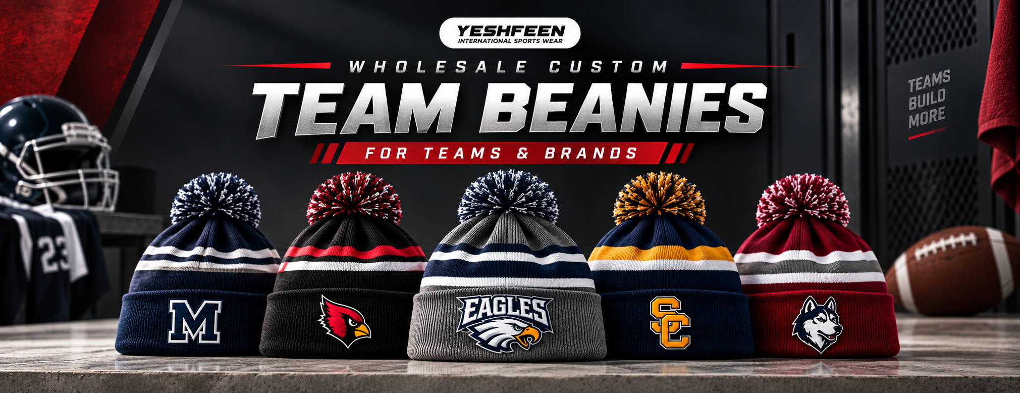 Custom embroidered beanies for USA teams and brands manufactured by Yeshfeen International
